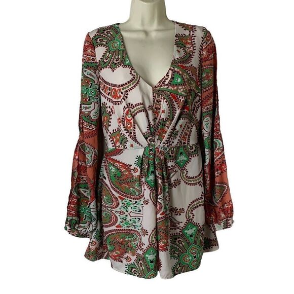 Filtre Neon Orange and Bright Green Paisley Print Split Long Sleeve Romper Size - Picture 1 of 7